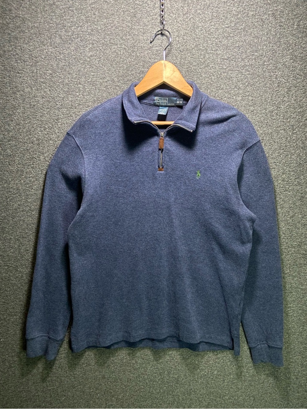 Polo Ralph Lauren Quarter Zip Sweater Mens M Heather Blue Cotton Knit Green Pony